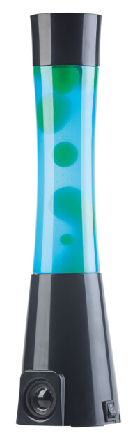 lampe lava retro avec enceinte audio bluetooth integree liquide bleu lave verte