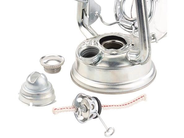 Vue éclatée du mécanisme d'allumage et de contrôle de la flamme avec support pour mèche, brûleur et molette de réglage