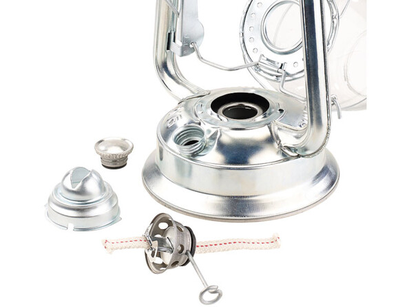 Vue éclatée du mécanisme d'allumage et de contrôle de la flamme avec support pour mèche, brûleur et molette de réglage