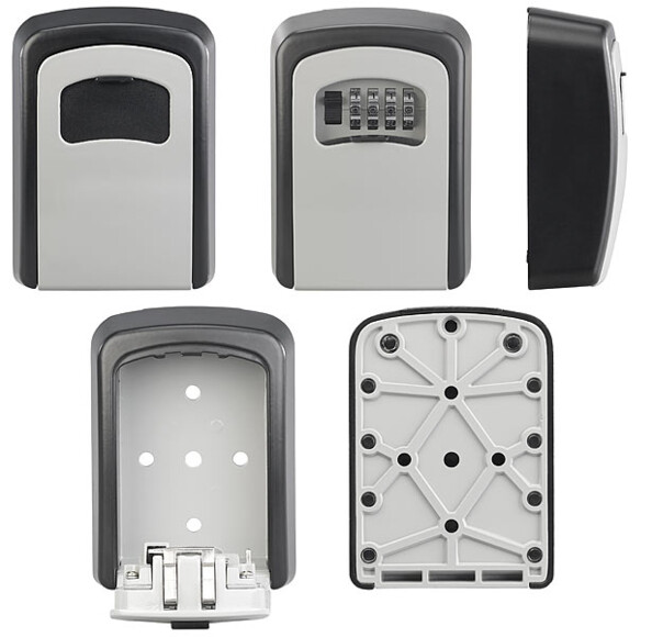 5 vues d'ensemble du mini coffret à clés de face, de profil et de derrière