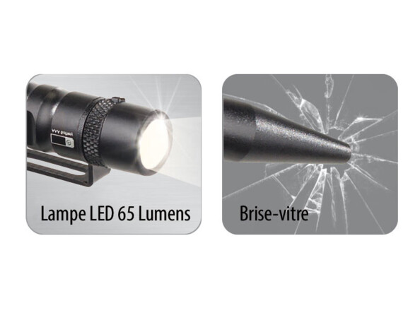 zoom sur fonction lampe de poche et brise vitre d'un stylo bille anti agression