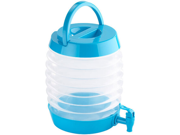 Tonneau en plastique bleu et transparent déplié en accordéon avec anse déployée