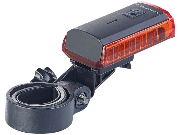 Feu arrière vélo rechargeable USB avec câble branché et illustration d’installation sur selle sur fond blanc