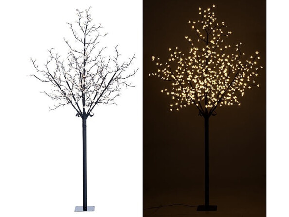 Arbre lumineux 250 cm avec 600 fleurs LED Lunartec. Vues éteint et allumé