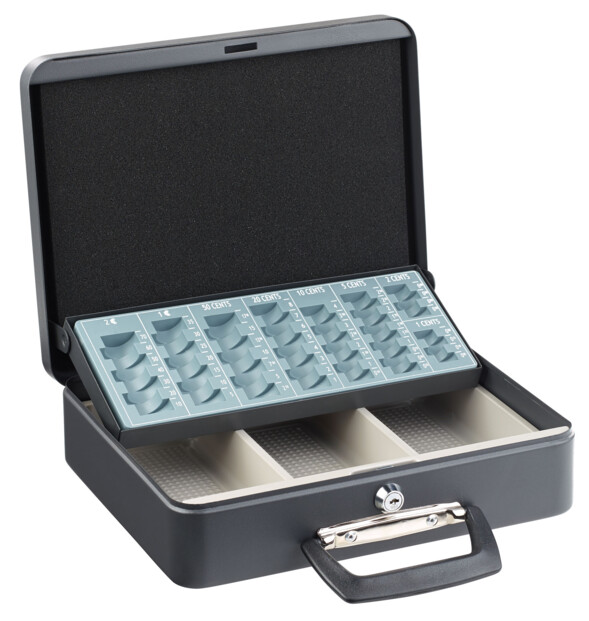mini mallette à monnaie en métal avec compatiments de rangement billets et organiseur avec indications valeur xcase
