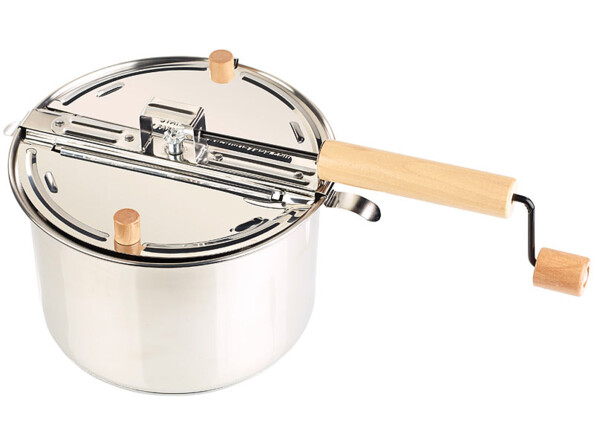 casserole pour cuisson pop corn avec manche en bois et manivelle pour mélanger grains de mais compatible induction