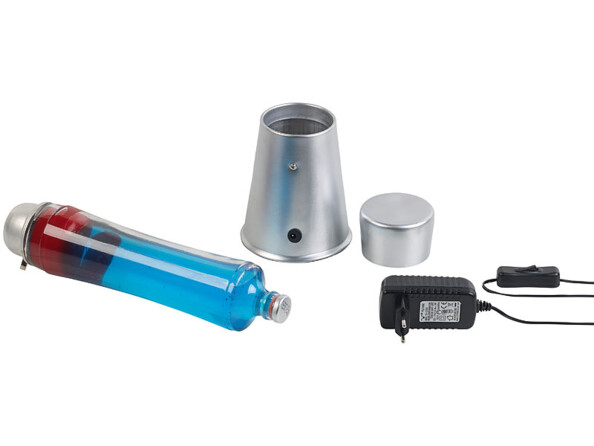 Lampe à lave Lunartec avec liquide bleu et bulles rouges.
