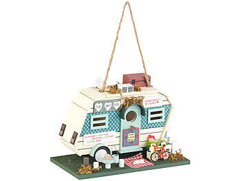 Nichoir à oiseaux en bois design caravane & jardinet