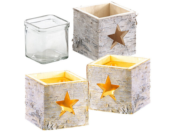 3 photophores en bois motif étoile