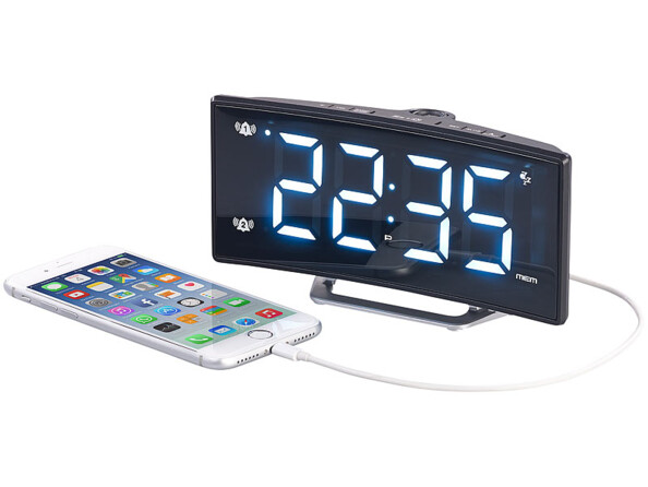 Radio-réveil à projection avec affichage blanc et port de chargement USB