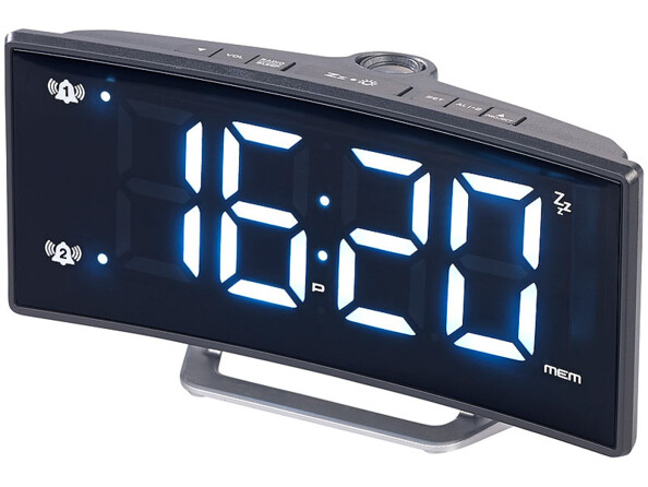 Radio-réveil à projection avec affichage blanc et port de chargement USB