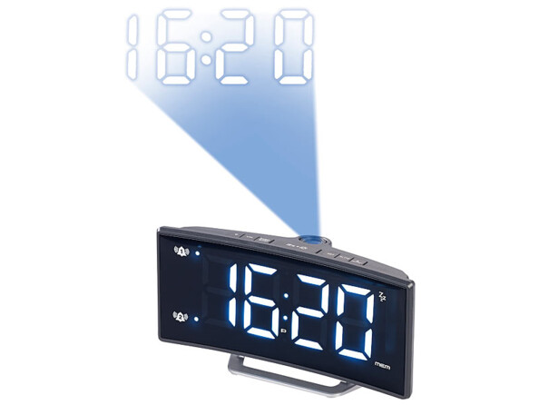 Radio-réveil à projection avec affichage blanc et port de chargement USB