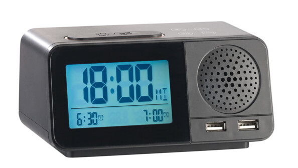 radio reveil digital avec thermometre et hygrometre vue de face