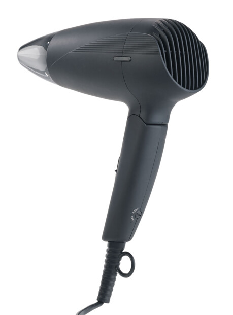 Sèche-cheveux gris anthracite avec sélecteur de vitesses et buse translucide détachée sur fond blanc