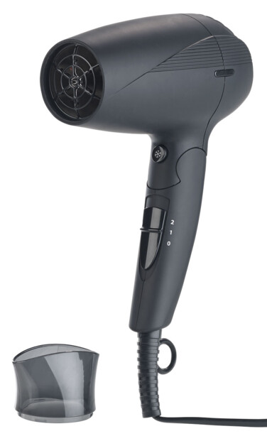 Sèche-cheveux compact anthracite avec poignée latérale, embout translucide et câble d'alimentation