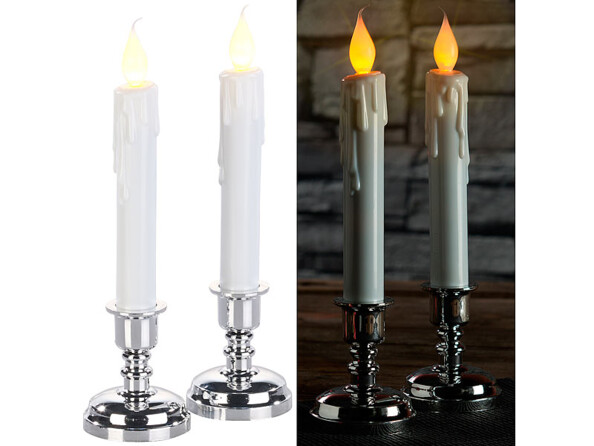 Set de 2 bougies LED effet flamme vacillante avec chandeliers
