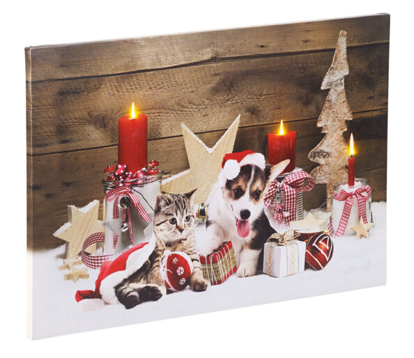 Tableau de Noël à 3 LED avec des bébés animaux 60 x 40 cm
