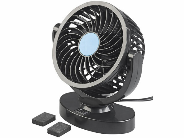 Ventilateur voiture 12V noir avec cerclage chromé, pads de montage et cordon d'alimentation