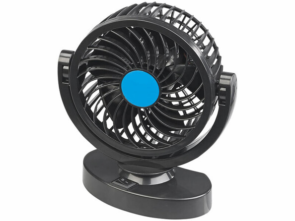 Ventilateur auto noir orientable avec molettes latérales de réglage et interrupteur sur socle ovale
