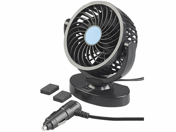 entilateur auto 12V noir avec adaptateur allume-cigare et pads de fixation adhésifs