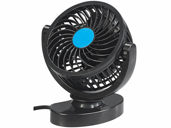 Mini ventilateur noir à tête sphérique orientable, hub bleu cyan, socle oval stable