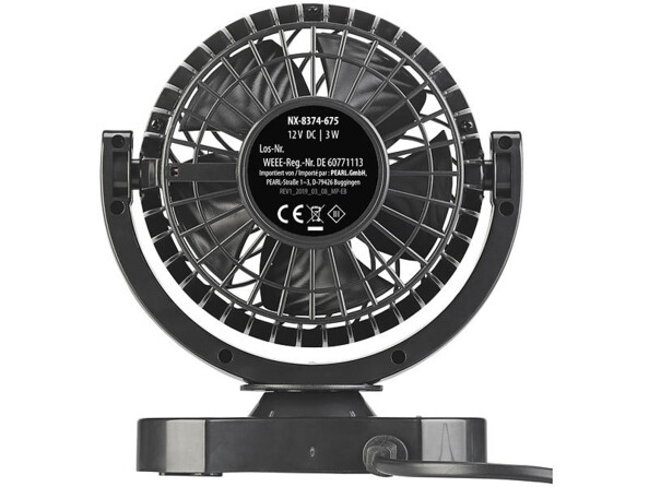 Ventilateur auto 12V 3W PEARL vue frontale avec grille de protection et plaque signalétique CE