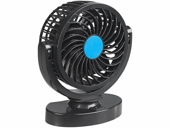 Ventilateur auto compact noir à grille spirale et hub central bleu cyan