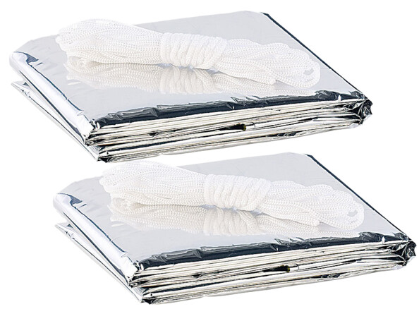 Couvertures de survie argentees pliee avec cordelette blanche