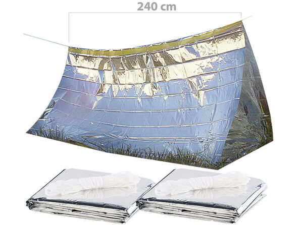Deux tentes de secours Semptec 2 personnes en feuille reflective argentee, avec cordes, une montee en abri