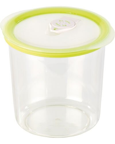 Boîte alimentaire ronde transparente Pearl avec couvercle vert et valve de date