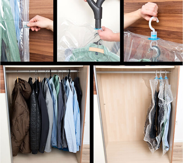 Sacs de rangement sous vide Pearl vues avant et après compression avec différents zooms