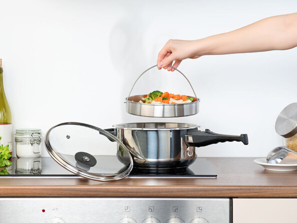 Accessoires de cuisson vapeur avec couvercle en verre, panier à étuver et support