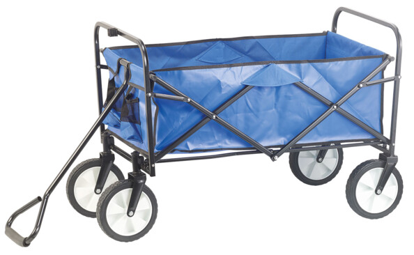 Chariot en métal avec 4 roulettes, barre d'attelage et bâche bleue