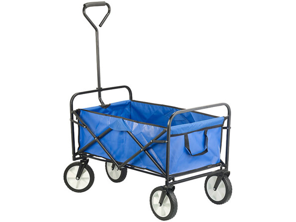 Charrette rectangulaire avec poignée de transport, cadre en métal, roues en plastique, housse bleue en polyester et pochettes de rangement