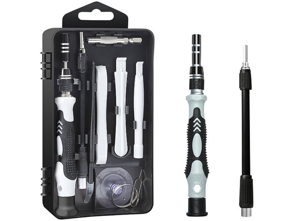 Boîtier de rangement avec tournevis à manche antidérapant en plastique, tige extensible, ventouse et 3 outils à levier