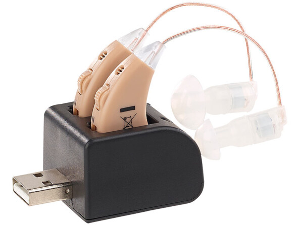 Détail chargeur et sa paire d'amplificateurs de son nomades avec écouteur externe et chargeur USB Newgen Medicals