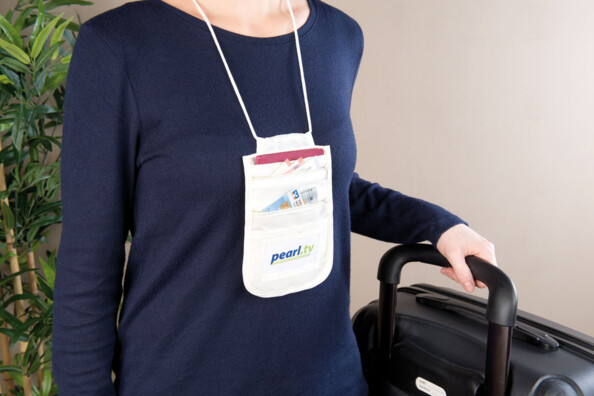 Pochette tour-de-cou unisexe à protection RFID et 4 compartiments - Beige