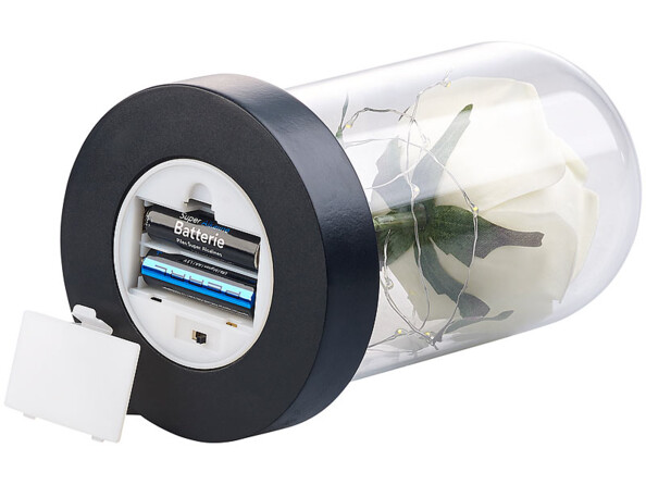 Rose artificielle avec cloche en verre et lumière LED - Blanche