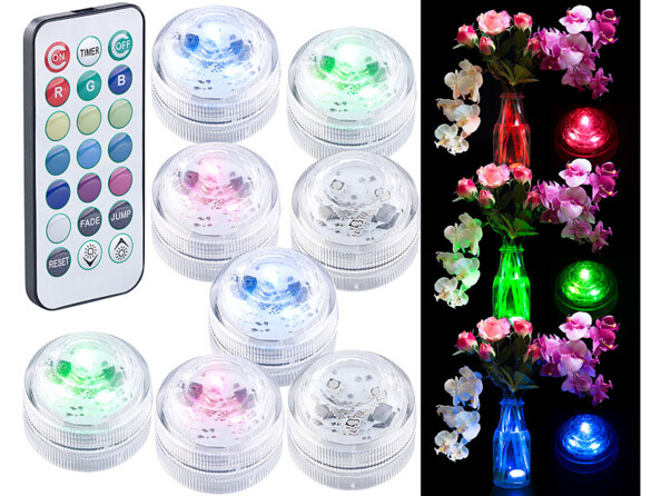 Set de 8 mini lampes immersibles à LED RVB avec télécommandes - 30 mm