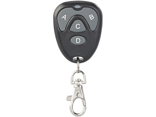 Émetteur radio noir avec pile A27, mousqueton et 4 touches grises marquées de 4 lettres (A, B, C et D)