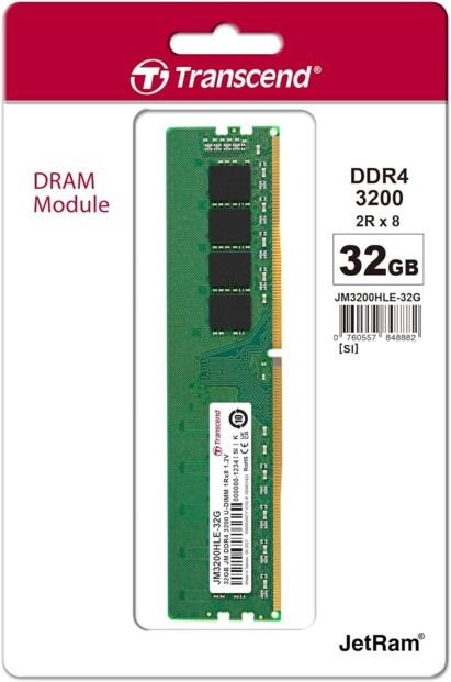Emballage de la barrette de mémoire vive DDR4 Long-DIMM JM3200HLE-32G 32 Go / 3200 Hz avec caractéristiques techniques