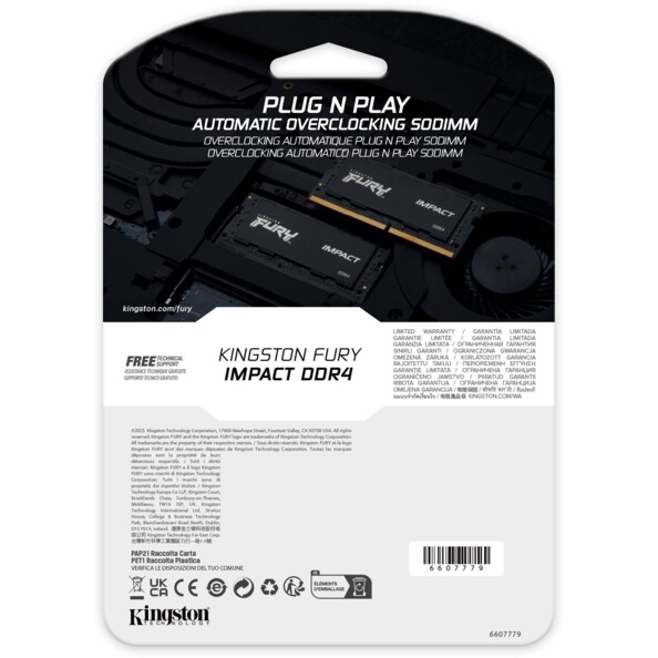 Arrière du packaging cartonné du module RAM Kingston avec caractéristiques et logos techniques