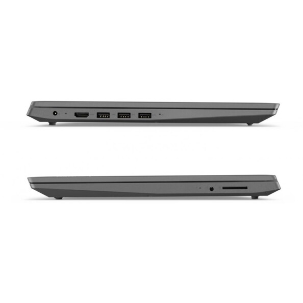 PC portable Lenovo V15-IGL coloris gris fermé avec aperçu des côtés droit et gauche sur les 3 ports USB, le port HDMI, la prise de chargement pour chargeur secteur, la prise casque et la fente pour lecture de carte mémoire