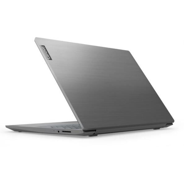 Vue arrière du PC portable neuf Lenovo coloris gris texturé avec écran 15,6" rabattu vers l'intérieur