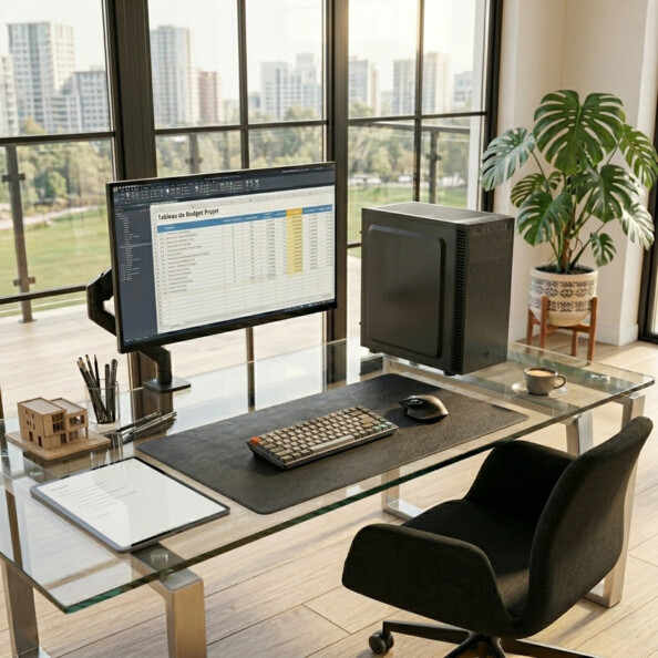 PC Pearl bureautique mis en situation sur un bureau en verre dans une pièce avec grandes baies vitrées