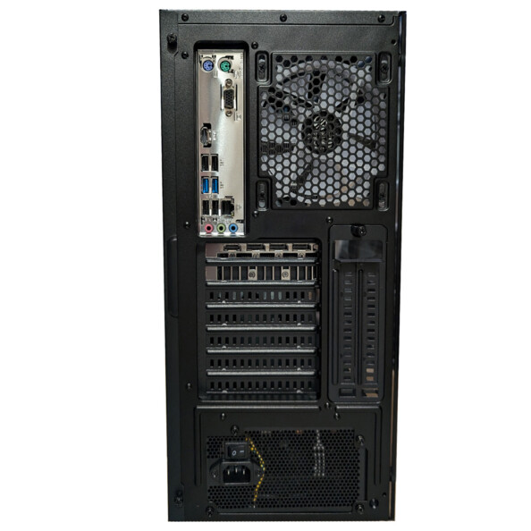 Arrière de l'ordinateur avec slots de mémoire, connecteurs, grille de ventilation et prise d'alimentation avec interrupteur