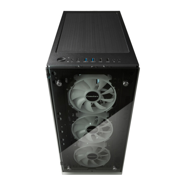 Tour gaming avec fenêtre en verre en façade et de côté