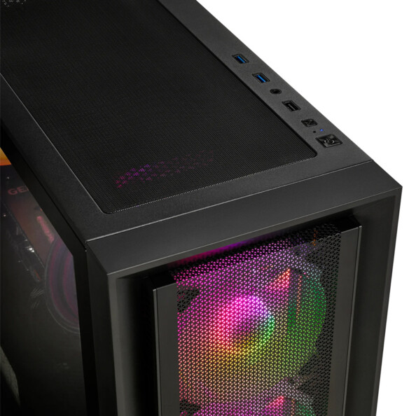 PC assemblé de jeu i5 RTX5060 16 Go Ram vue zoomée sur le dessus du boîtier avec les ports USB