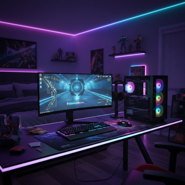 PC gamer i5 RTX5060 mis en situation dans un chambre gamer sur un bureau