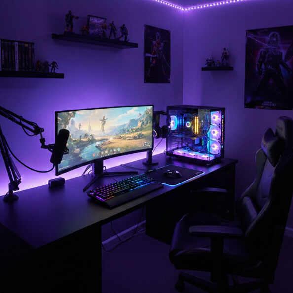 PC gaming intel i5 Geforce RX5070 boîtier aquarium dans une chambre gamer posé sur un bureau